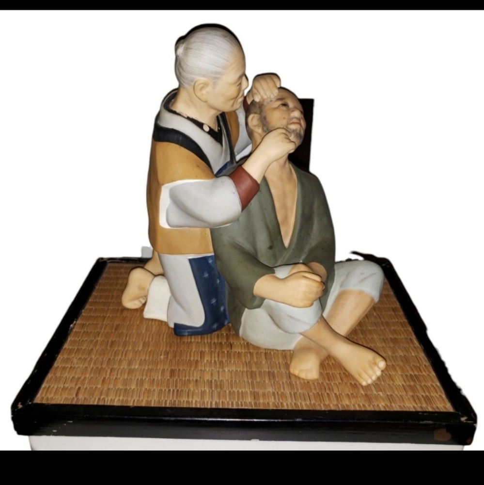 Hakata Urasaki Dolls Japan Barber With Man Clay Figurine & Bamboo Mat 1950s RARE